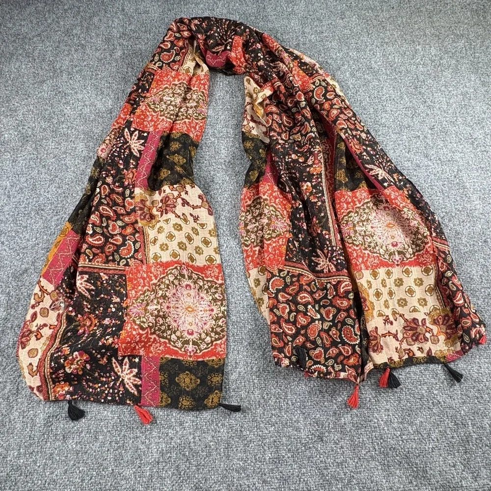 Oversized Boho Patchwork Print Scarf Wrap Shawl Tassel‎ 73x34 Earthy Festival